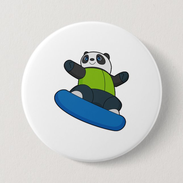 Chapa Redonda De 7 Cm Panda como snowboard con snowboard (Anverso)