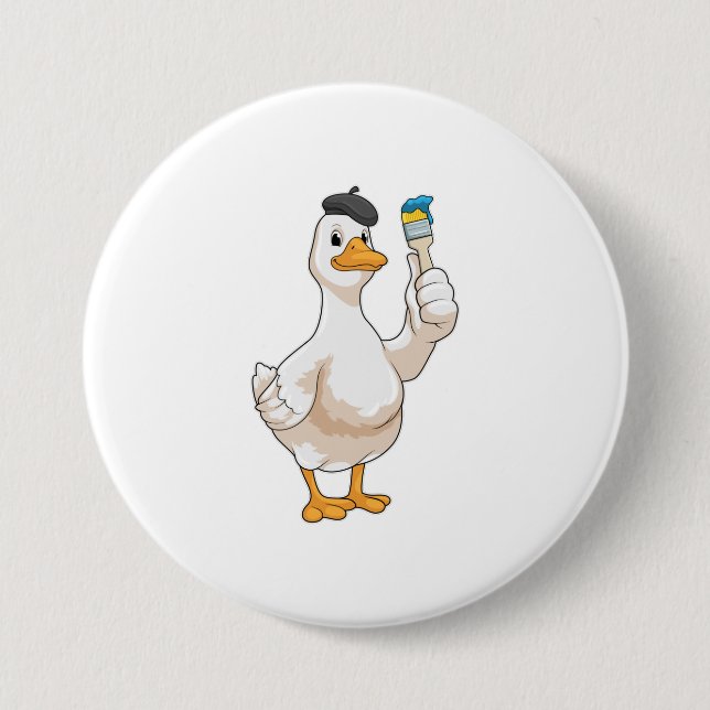 Chapa Redonda De 7 Cm Pato como pintador con pincel de pintura (Anverso)