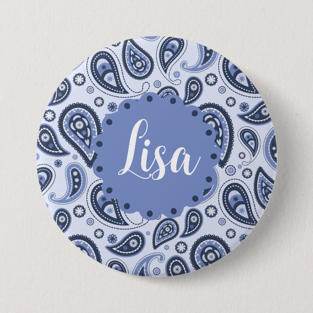 Chapa Redonda De 7 Cm Patrón azul paisley (Anverso)