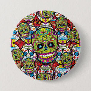 Chapa Redonda De 7 Cm Patrón de calaveras de azúcar