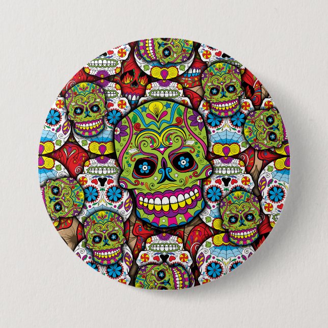Chapa Redonda De 7 Cm Patrón de calaveras de azúcar (Anverso)