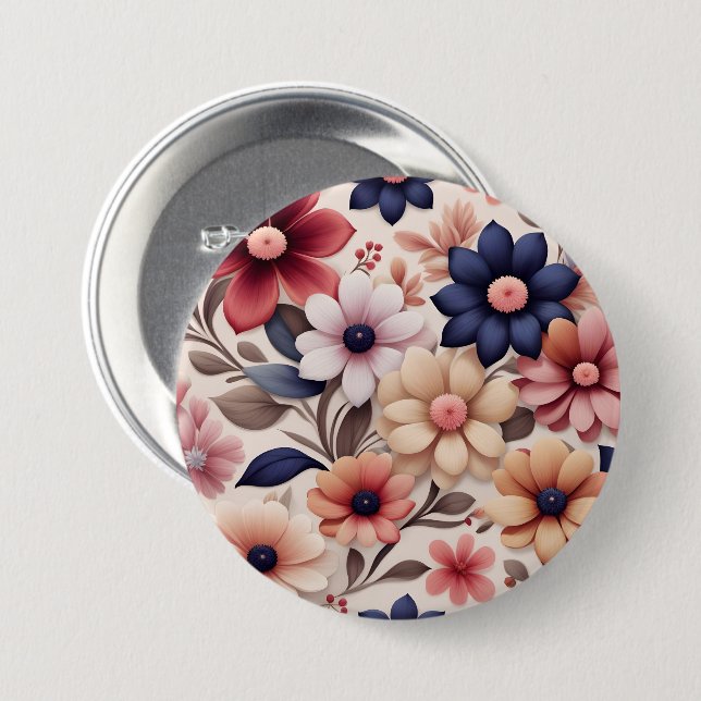 Chapa Redonda De 7 Cm Patrón de flores y hojas en rosa atrevido (Anverso y reverso)