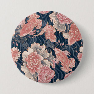 Chapa Redonda De 7 Cm Patrón floral chinoiserie azul rosa koi