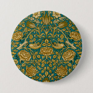 Chapa Redonda De 7 Cm Patrón Rosa Tudor de William Morris Azul Dorado