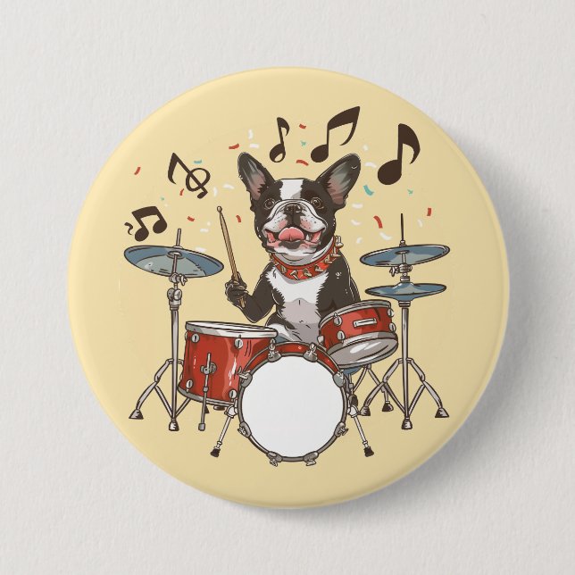 Chapa Redonda De 7 Cm Perro Boston Terrier tocando la batería (Anverso)