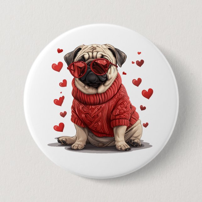 Chapa Redonda De 7 Cm Perro Pug día de San Valentín (Anverso)