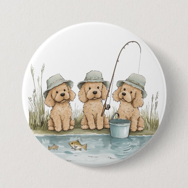 Chapa Redonda De 7 Cm Perros Goldendoodle pescando (Anverso)