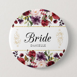 Chapa Redonda De 7 Cm Pin con monograma de la novia floral preciosa de