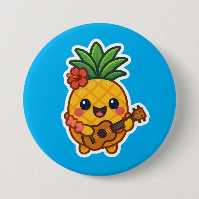 Chapa Redonda De 7 Cm Piña Kawaii sonriente - Tropical (Anverso)