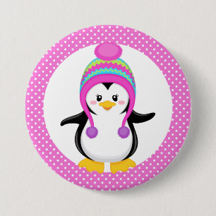 Chapa Redonda De 7 Cm Pingüino Chica de polka rosado