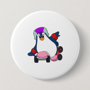 Chapa Redonda De 7 Cm Pingüino como patinador en línea con patines en lí