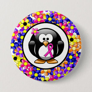 Chapa Redonda De 7 Cm Pingüino con cinta de concienciación rosa caliente