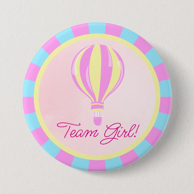 Chapa Redonda De 7 Cm Pink Hot Air Balloon Gender Reveal Team Girl  (Anverso)