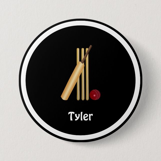 Chapa Redonda De 7 Cm Plantilla de cricket, wicket, murciélago y bola, p (Anverso)