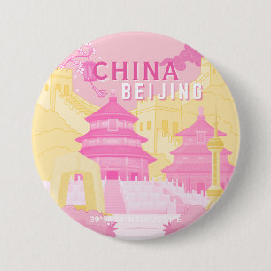 Chapa Redonda De 7 Cm Póster de viaje a Pekín, China Arte rosa y amari
