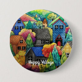 Chapa Redonda De 7 Cm Pueblo Acuarela De La Colina Con Casas Coloridas
