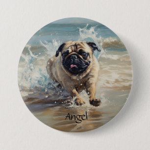 Chapa Redonda De 7 Cm Pug feliz en el personalizable de la playa