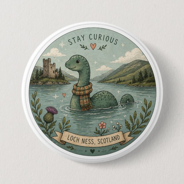 Chapa Redonda De 7 Cm Quédate Curioso Acogedor Críptido Nessie Monstruo  (Anverso)