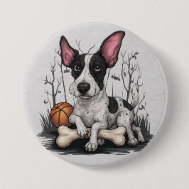 Chapa Redonda De 7 Cm Quirky Halloween Pup: Perro visto con baloncesto