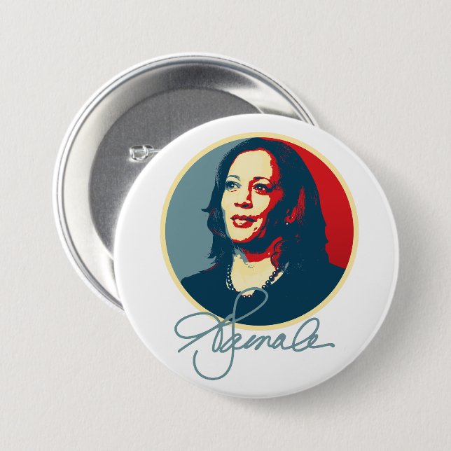 Chapa Redonda De 7 Cm Retrato de firma Kamala Harris (Anverso y reverso)