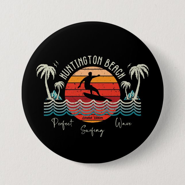 Chapa Redonda De 7 Cm Retro Huntington Beach Surfing (Anverso)