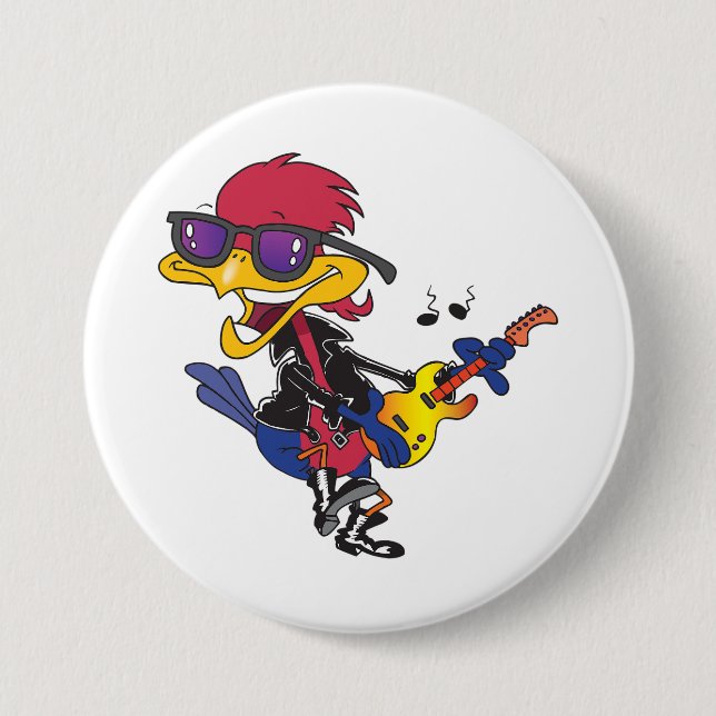 Chapa Redonda De 7 Cm Rockstar Roadrunner Bird Playing Guitar (Anverso)
