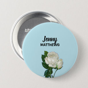 Chapa Redonda De 7 Cm Rosas blancas vintage nombre personalizado en azul