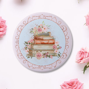 Chapa Redonda De 7 Cm Rosas rosadas vintage y flores de libros en acuare