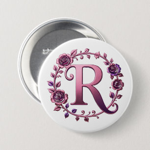 Chapa Redonda De 7 Cm Rosemaling Metálico Moderno Letra R, Rosa/Morado