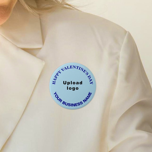 Chapa Redonda De 7 Cm Saludo de Valentine de negocios en Ronda azul clar (Business name and logo with Happy Valentine's Day greeting on light blue round button.)