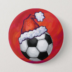 Chapa Redonda De 7 Cm Santa Hat Soccer Ball en rojo