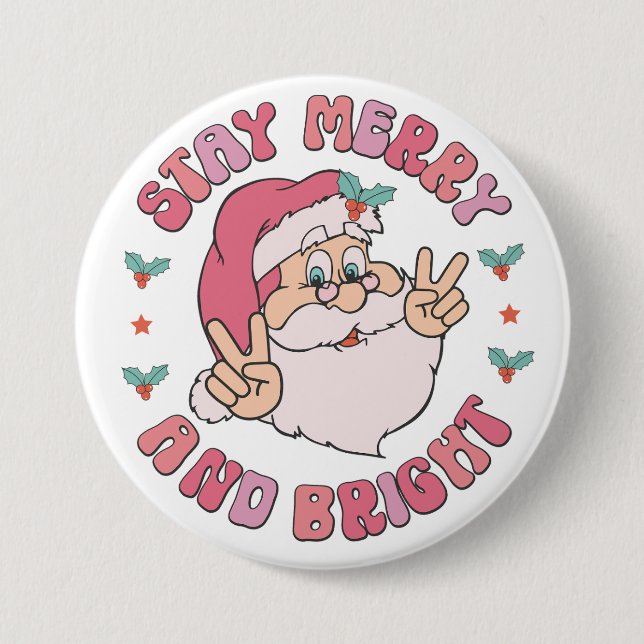 Chapa Redonda De 7 Cm Santa Retro Merry & Bright (Anverso)