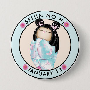 Chapa Redonda De 7 Cm Seijin no Hi kokeshi chica mariposas