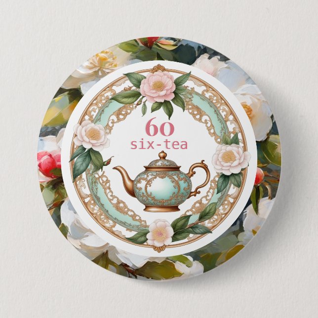 Chapa Redonda De 7 Cm Sesenta Tea Lover Teapot Leaf Flor 60 cumpleaños (Anverso)