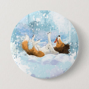 Chapa Redonda De 7 Cm Sheldon el Sheltie Juega en la Nieve