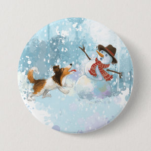 Chapa Redonda De 7 Cm Sheldon el Sheltie y el Muñeco de Nieve