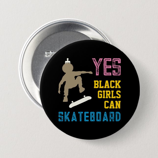 Chapa Redonda De 7 Cm SÍ CHICAS PUEDEN PATINAR Chica de patinaje negro r (Anverso y reverso)