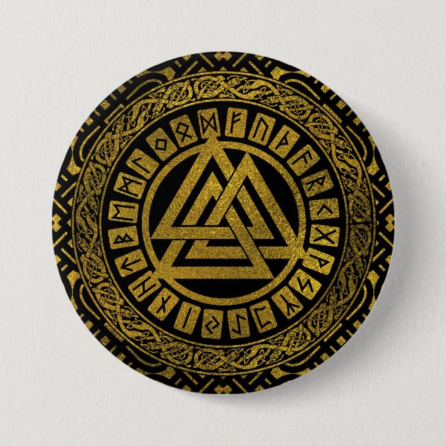 Chapa Redonda De 7 Cm Símbolo metálico de Valknut del oro en modelo (Anverso)