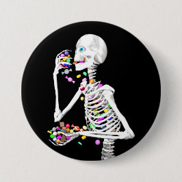 Chapa Redonda De 7 Cm Skeleton comiendo dulces de Halloween