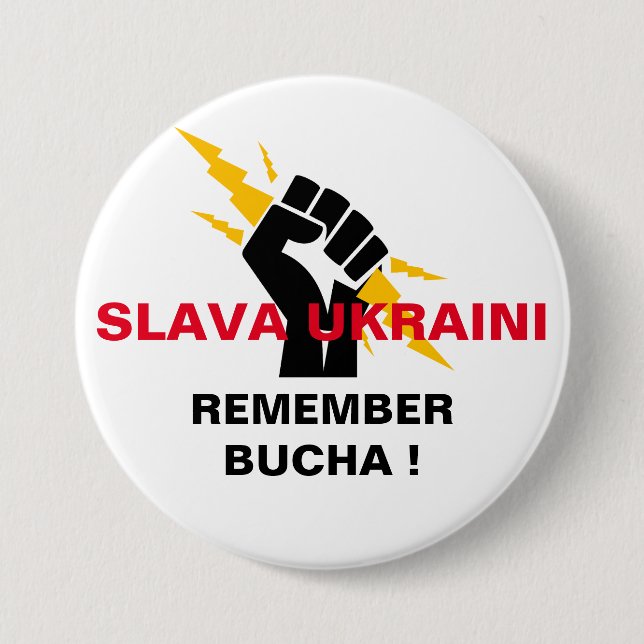 CHAPA REDONDA DE 7 CM SLAVA UKRAINI RECUERDA BUCHA BUTTON (Anverso)