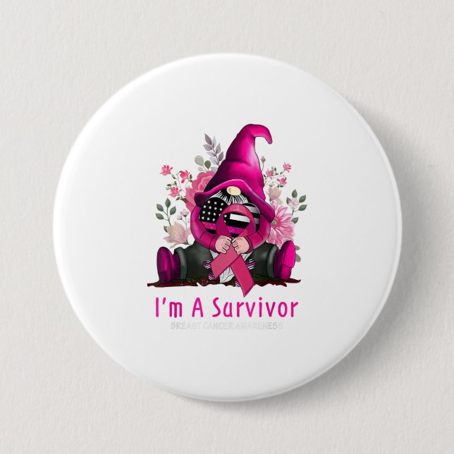Chapa Redonda De 7 Cm Soy Un Sobreviviente Gnome Cáncer De Cinta Rosa A (Anverso)