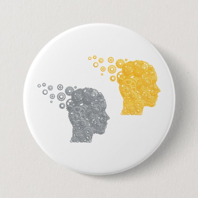 Chapa Redonda De 7 Cm Steampunk Brain Power Cogwheel Heads (Anverso)