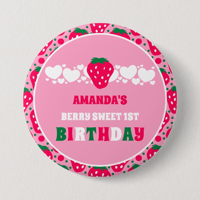 Chapa Redonda De 7 Cm Strawberry First Birthday Celebration (Anverso)