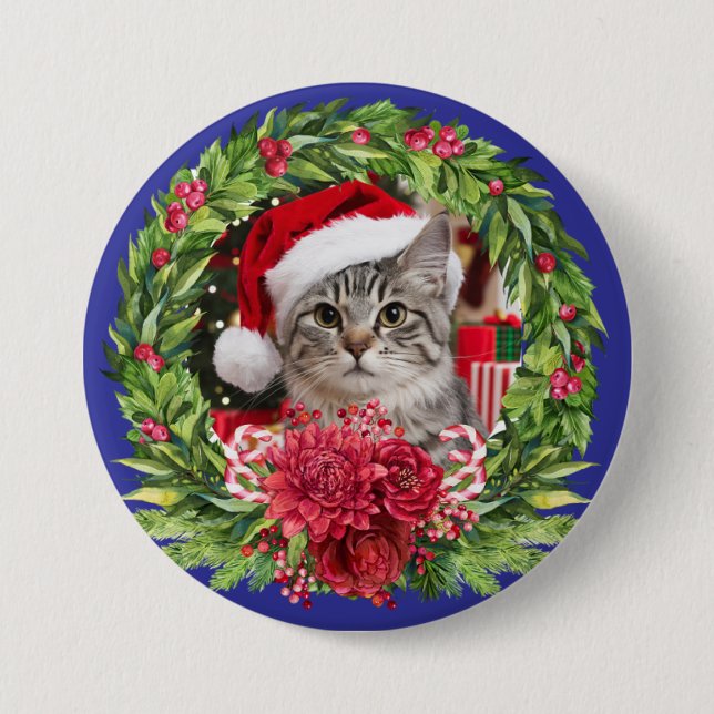 Chapa Redonda De 7 Cm Tabby Christmas Wreath Button (Anverso)