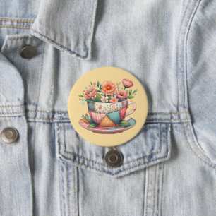 Chapa Redonda De 7 Cm Taza de té de patchwork con flores caprichosas