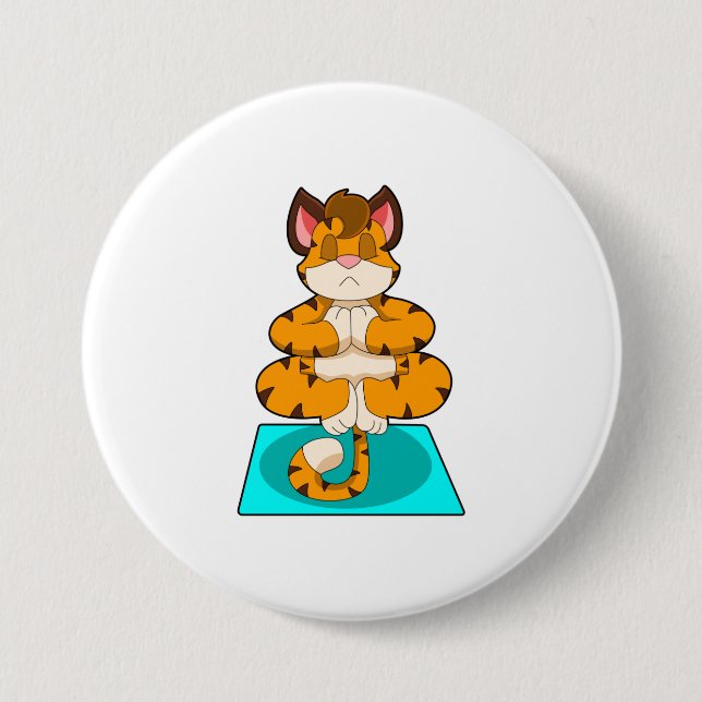 Chapa Redonda De 7 Cm Tigre al yoga en alfombra de yoga (Anverso)