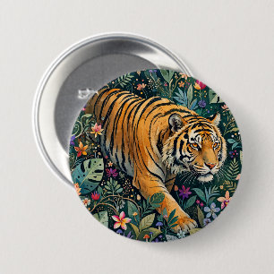 Chapa Redonda De 7 Cm Tigre con ojos ámbar, follaje de jungla fantástica