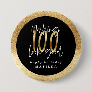 Chapa Redonda De 7 Cm Tipografía moderna color negro y oro 100 cumpleaño