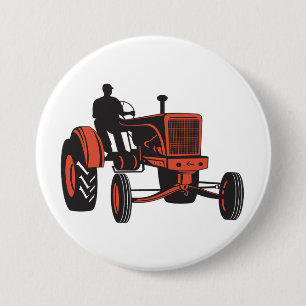 Chapa Redonda De 7 Cm Tractor rojo vintage retro granjero