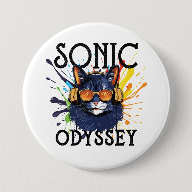 Chapa Redonda De 7 Cm un gato escuchando música en auriculares (Anverso)